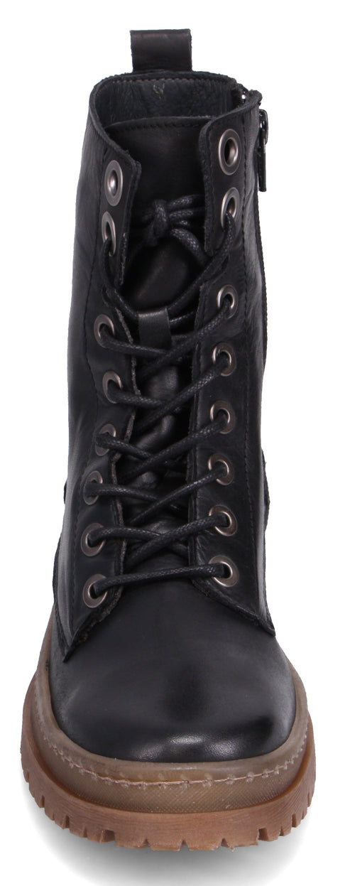 Black lace-up combat boot with a brown lug sole.