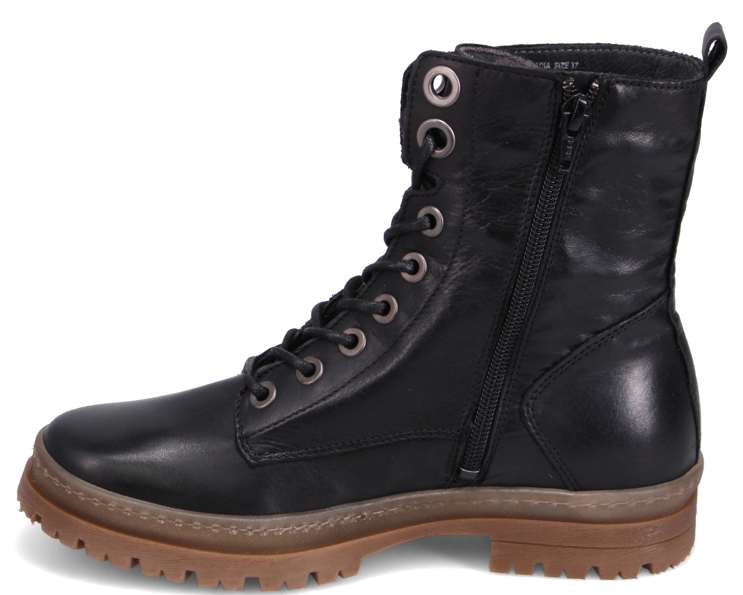 Black leather combat boot with laces, side zipper, and brown lug sole.