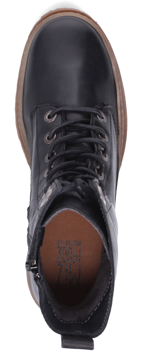 A black boot with laces.