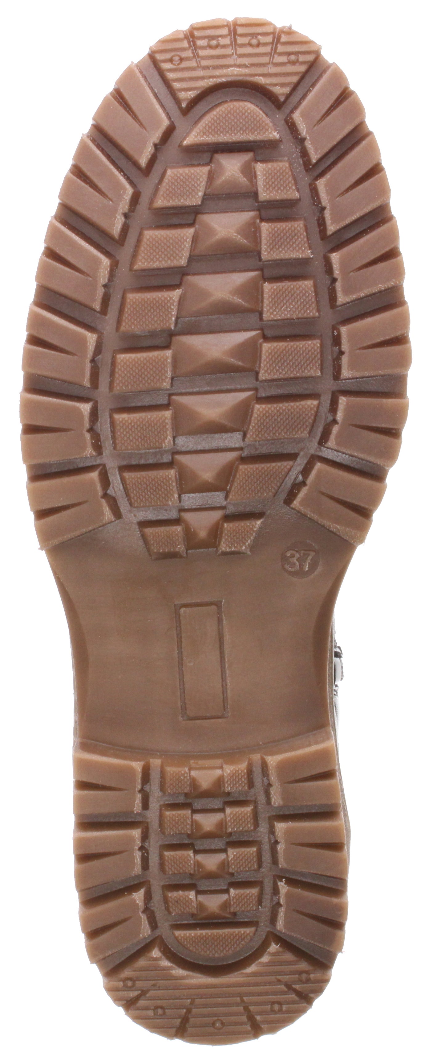 Bottom of a shoe with a brown lug sole.