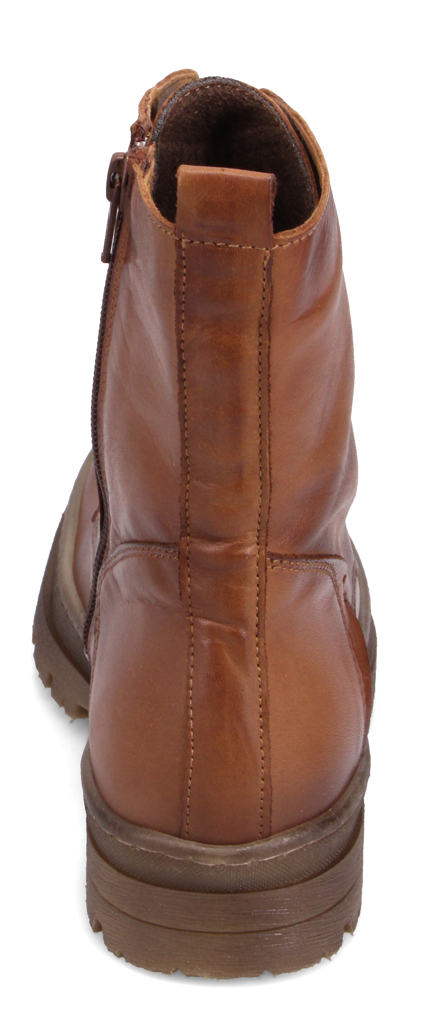 A brown leather boot with a zipper on the side.