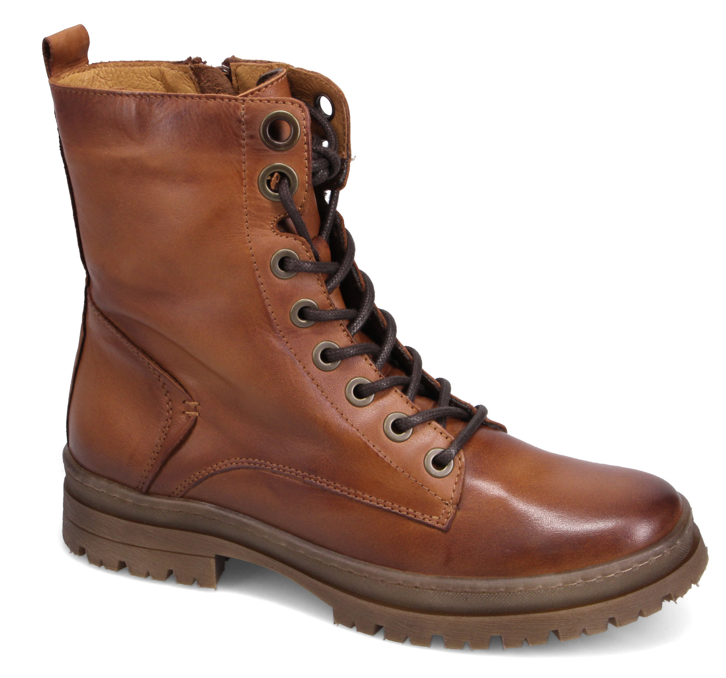 Brown leather mid-calf lace-up boot with metal eyelets and side zipper.