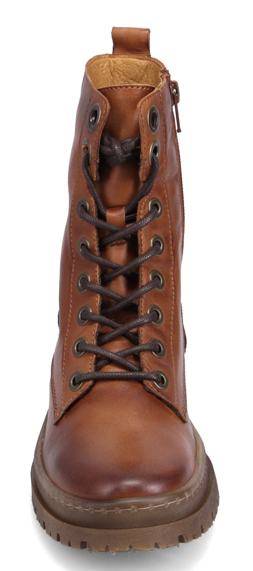 A tan colored leather boot with black laces and a side zipper.