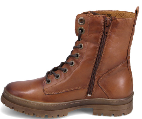 A tan combat boot with a side zipper and lace-up closure.