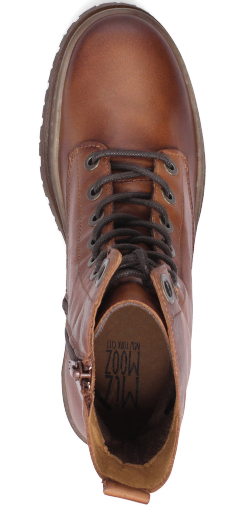 A brown leather lace-up boot with a side zipper.