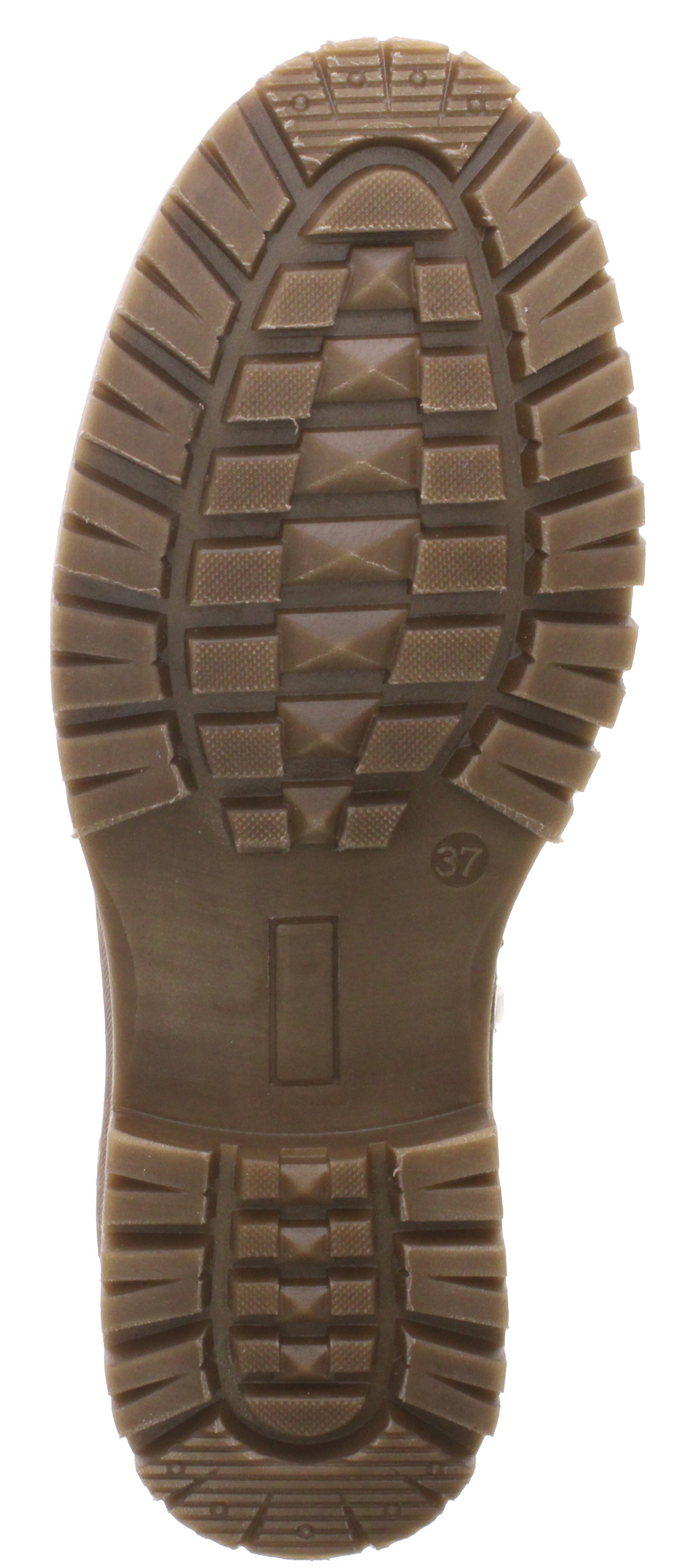 A brown lug sole of a shoe.