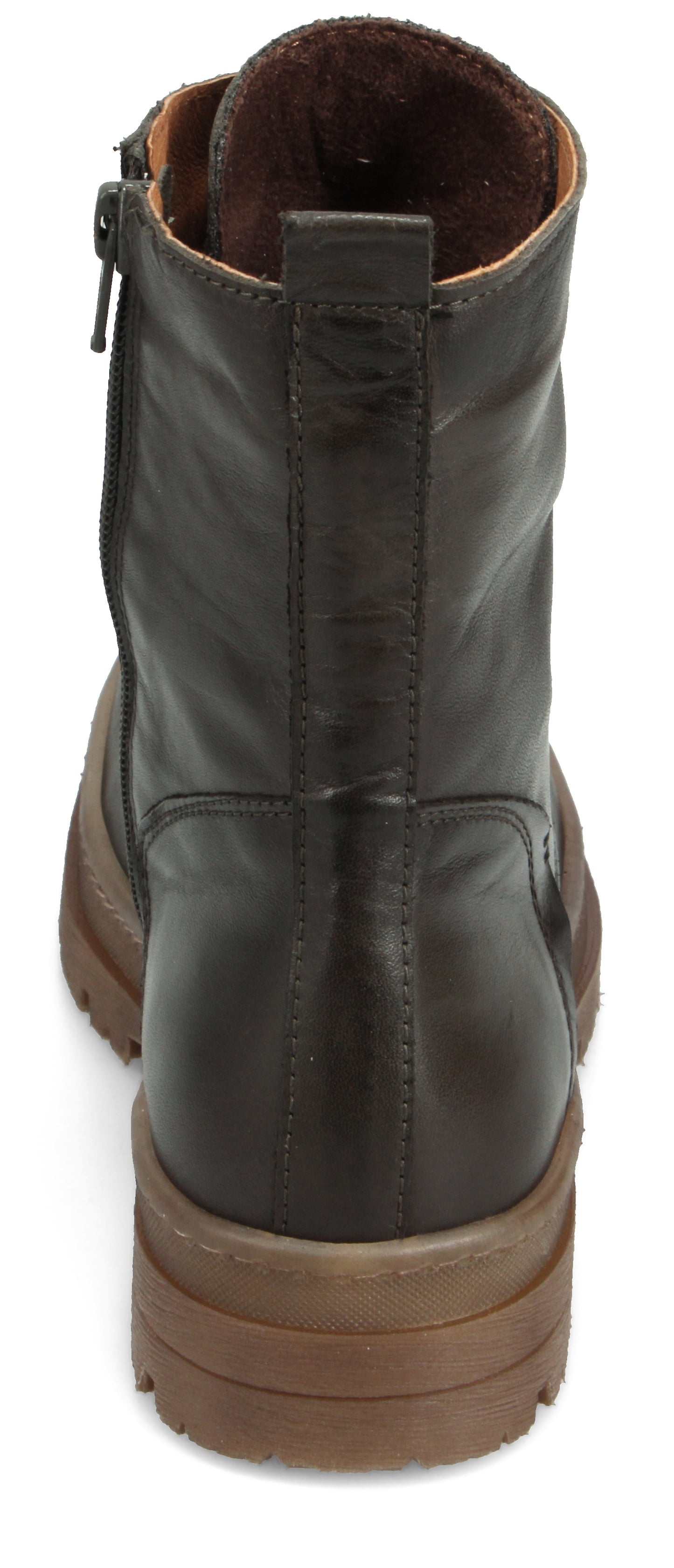 Back view of a dark brown leather ankle boot with a side zipper and a ridged platform sole.