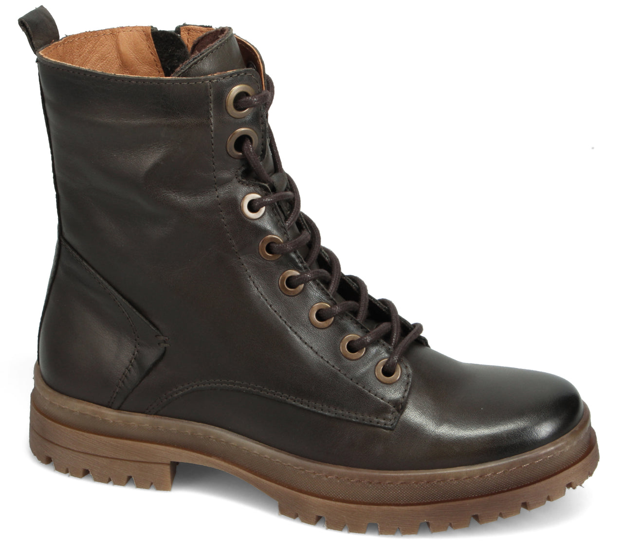 Dark brown leather combat boot with laces and a lug sole.