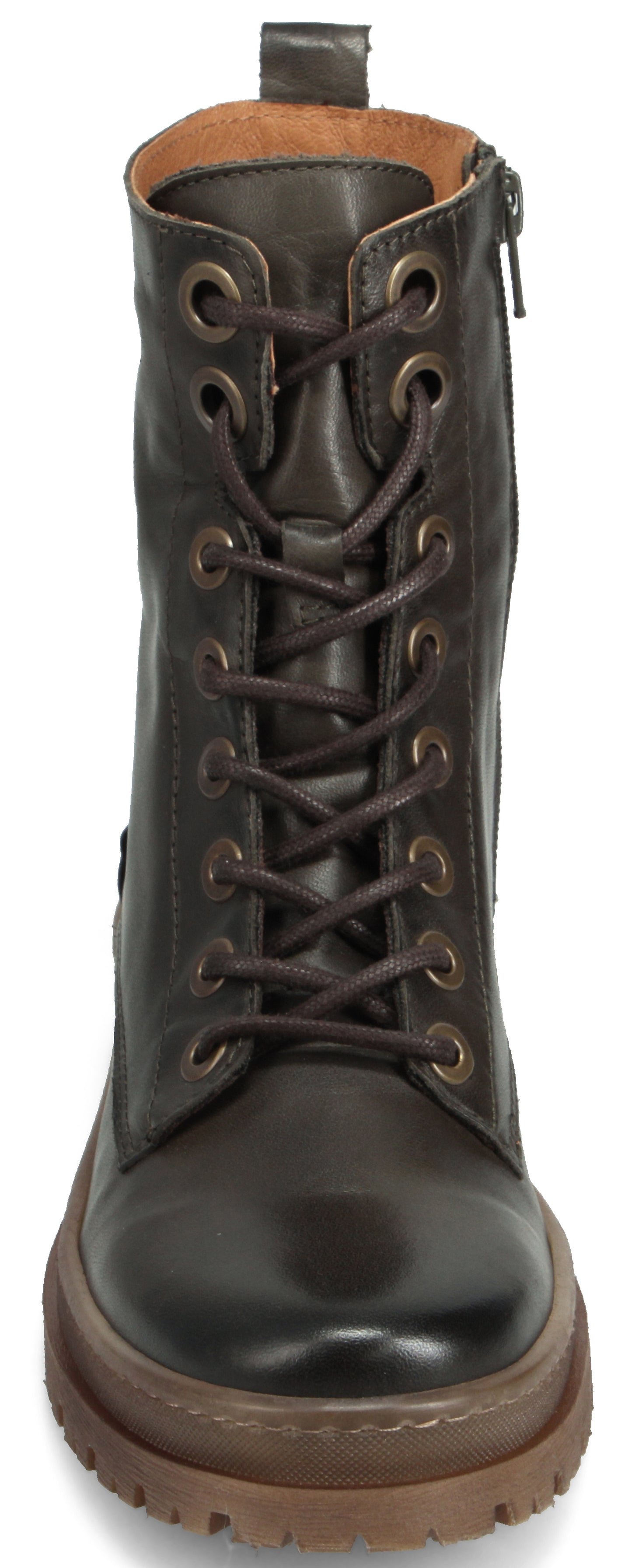 Eye-level view of a leather lace-up boot with a side zipper and lug sole.