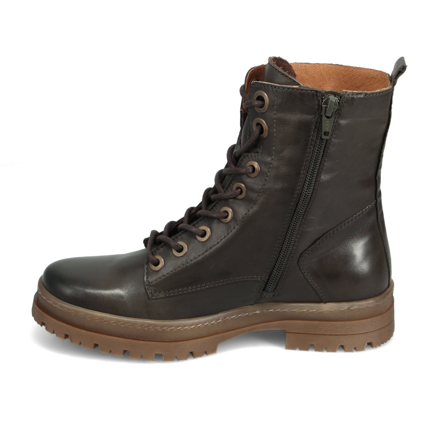 Side view of a dark green leather combat boot with laces and a zipper.