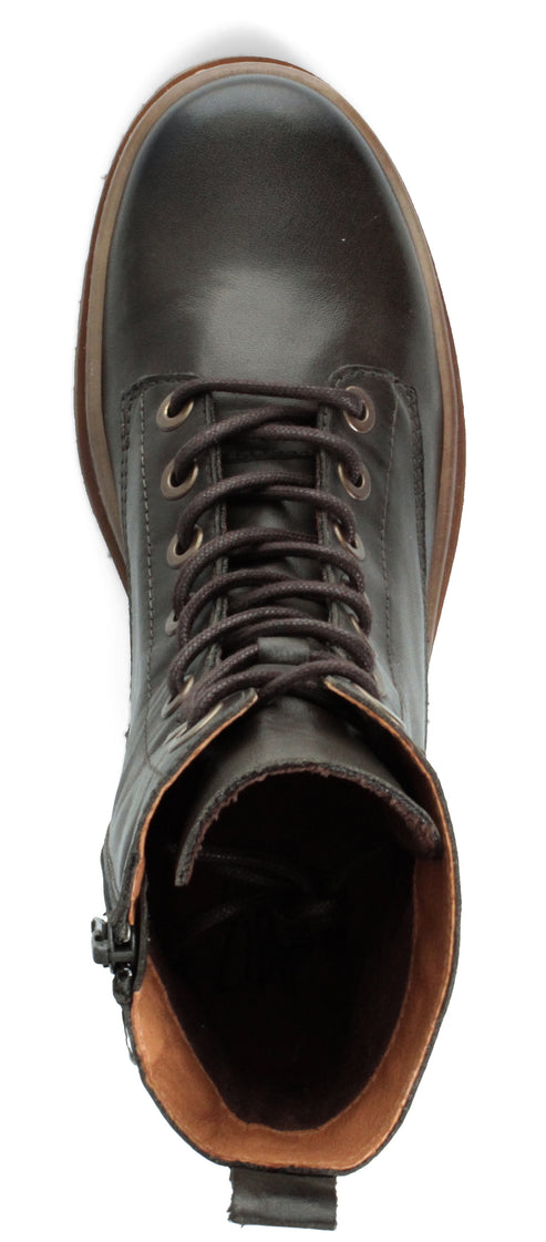 A top-down view of a dark brown leather boot with brown laces.