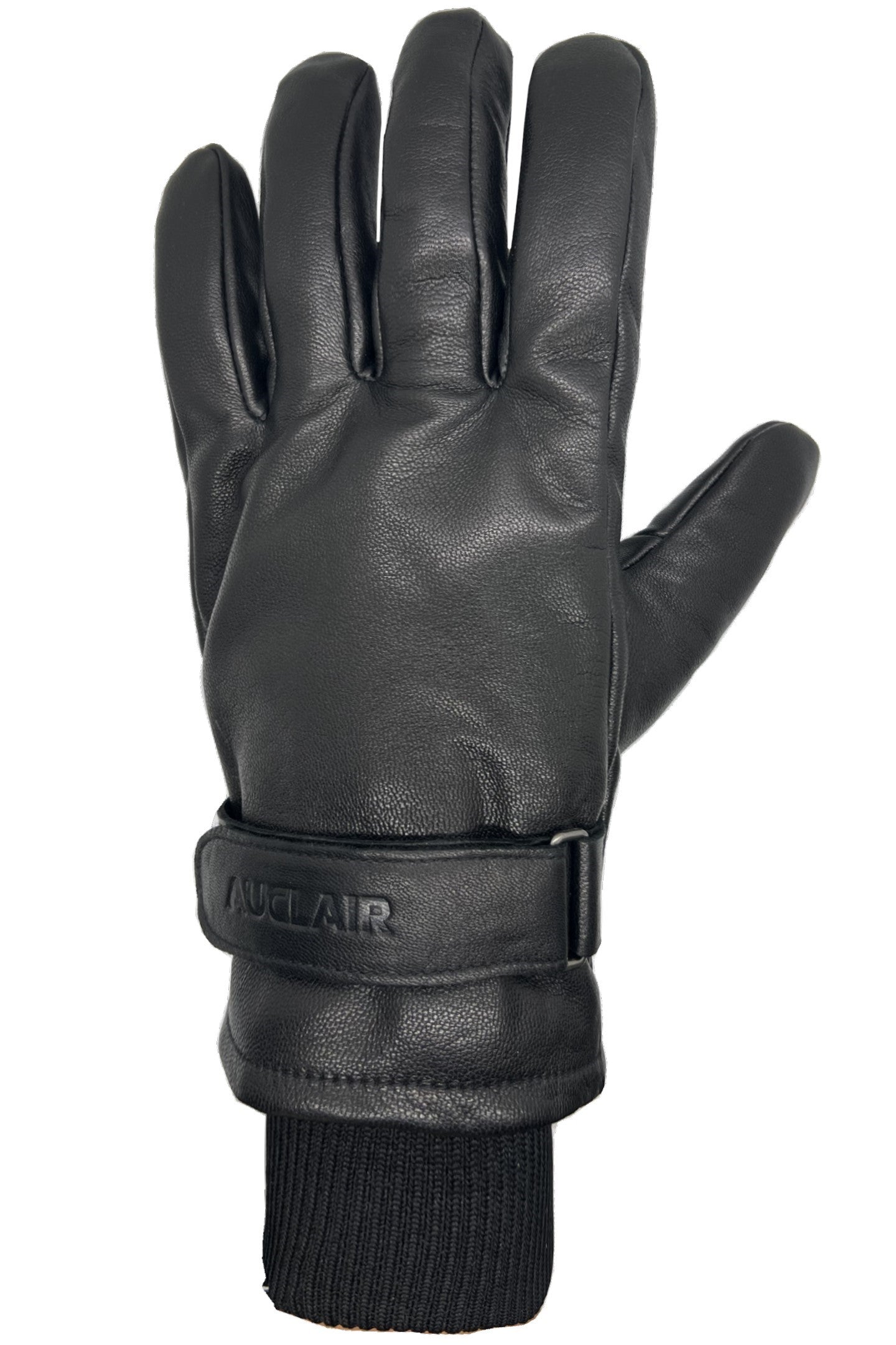 A black leather glove with adjustable wrist strap.