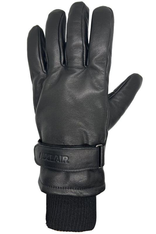 A black leather glove with adjustable wrist strap.