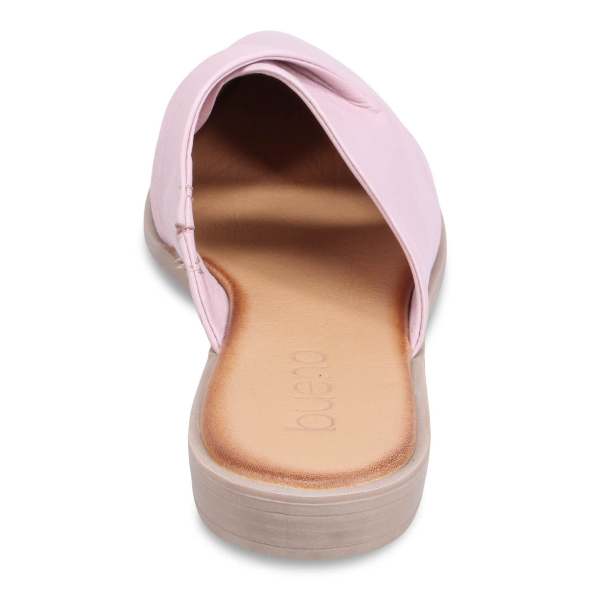 Pink slip-on shoe with light tan sole and insole showing the Joueio label.