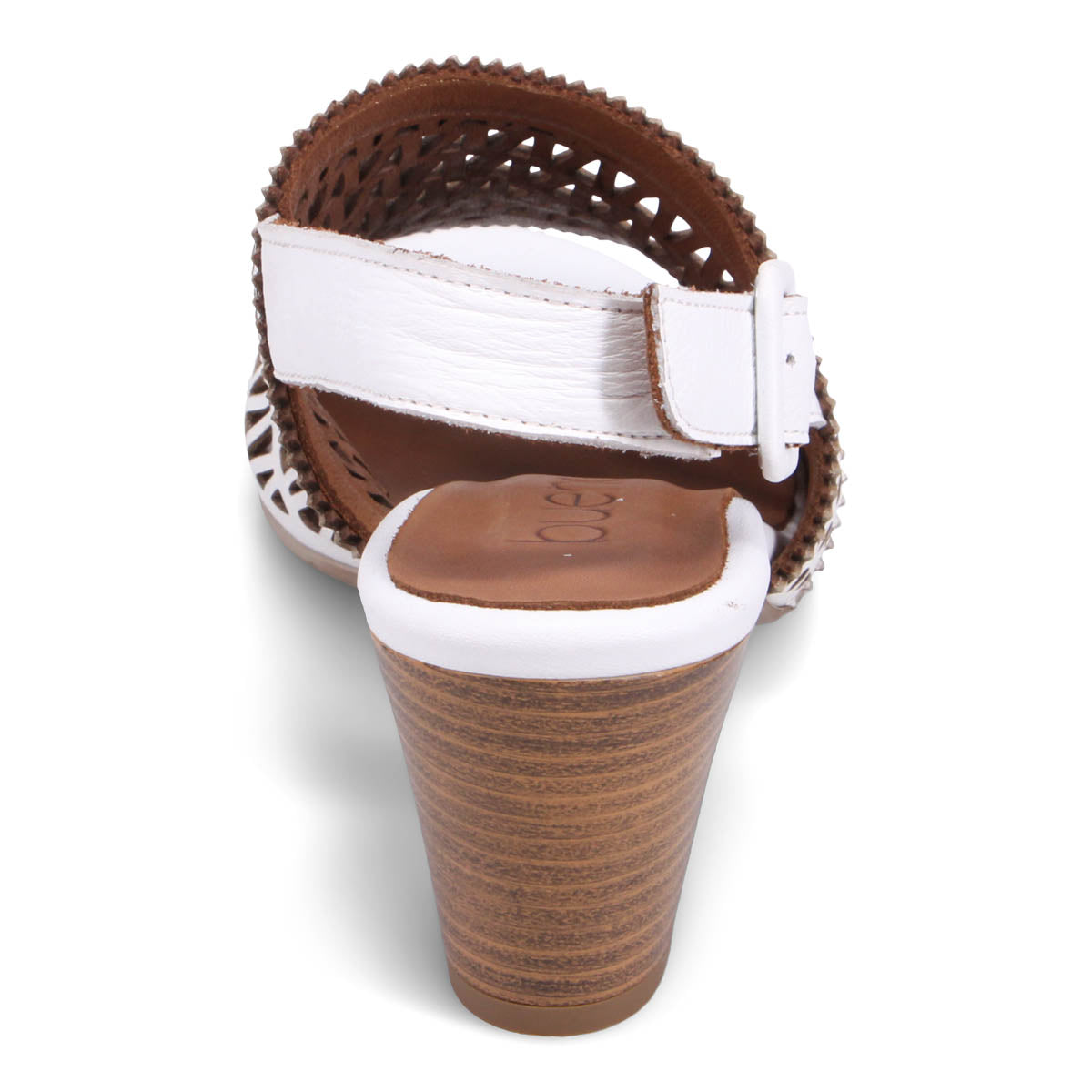 White sandal with brown block heel and cut-out details at the back.