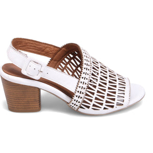 White heeled sandal with woven design, sling back strap and wood block heel.