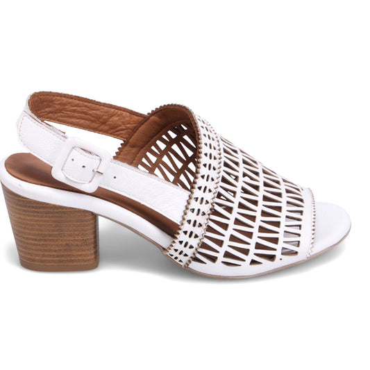 White heeled sandal with woven design, sling back strap and wood block heel.
