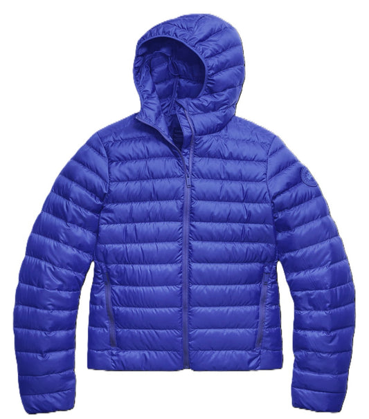Blue hooded puffer jacket.