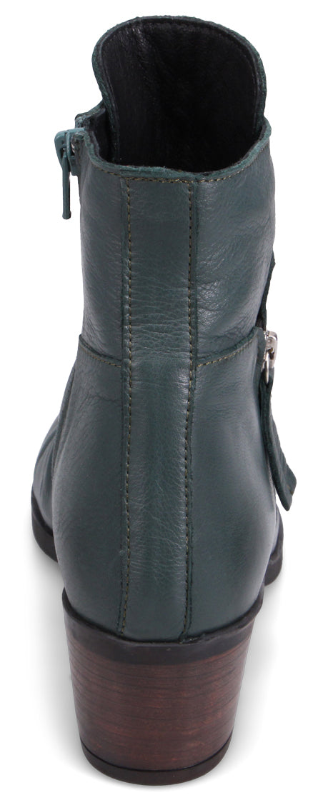 Back view of a dark green leather ankle boot with a chunky brown heel.