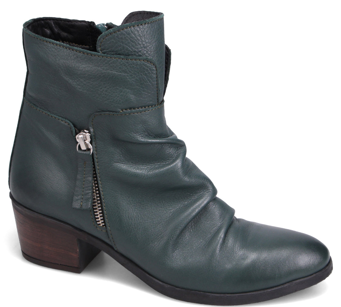 Green leather ankle boot with zipper closure and a block heel.