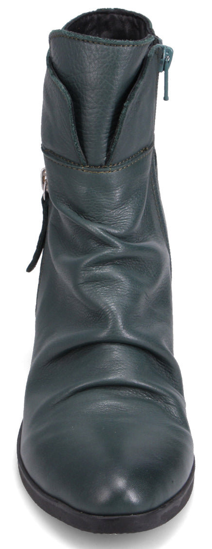 A dark green leather ankle boot with zipper.
