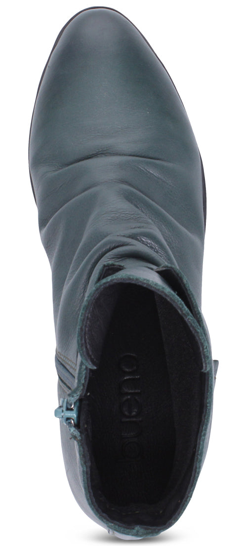 A teal leather boot with a zipper.