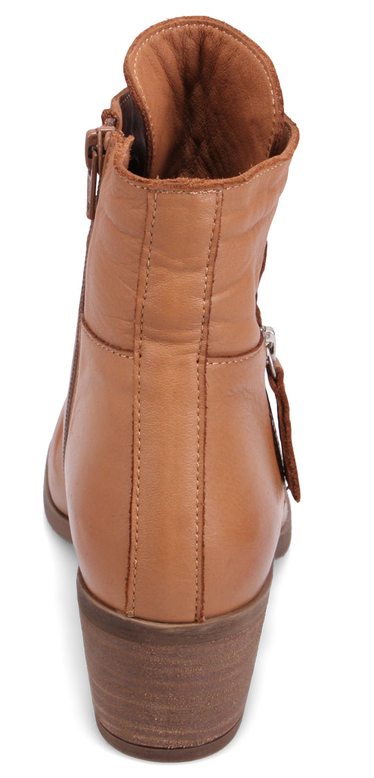A tan ankle boot with a side zipper and a stacked heel.