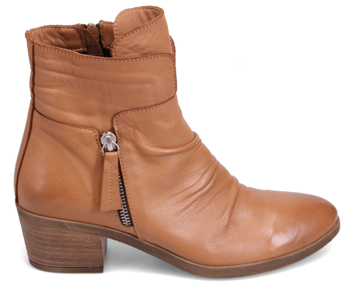 Tan leather ankle boot with side zipper and block heel