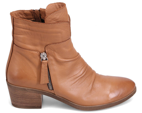 Tan leather ankle boot with side zipper and block heel
