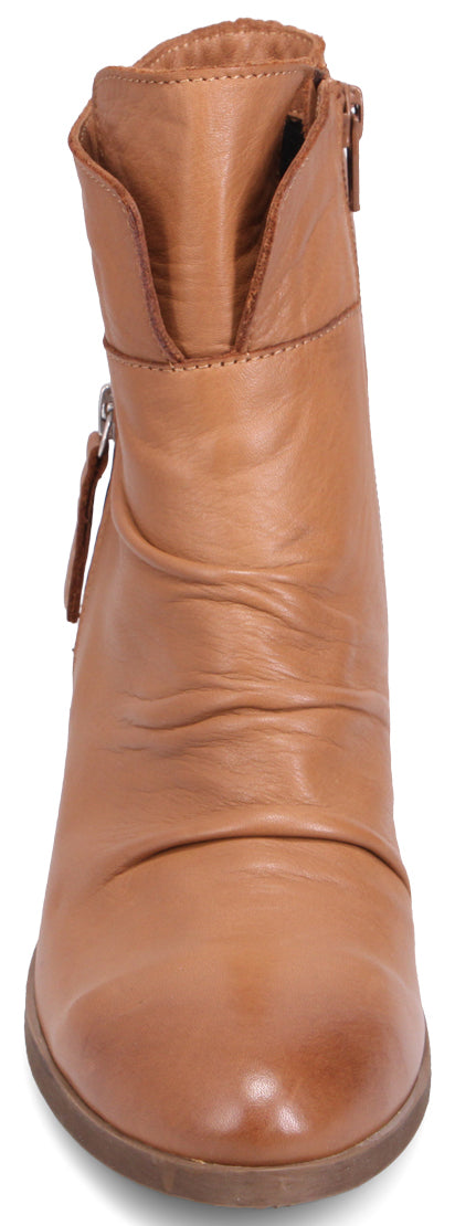A caramel-colored, leather ankle boot with a side zipper.
