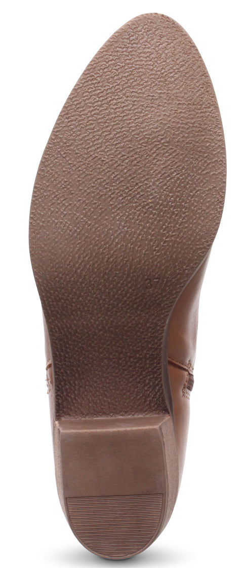 Brown boot sole with textured surface and low heel.