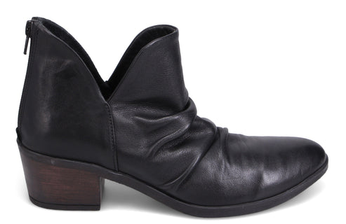 Black leather ankle boot with a block heel and a v-shaped opening.