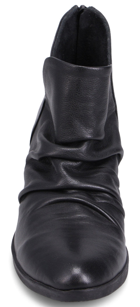 Black leather boot with a scrunched ankle.