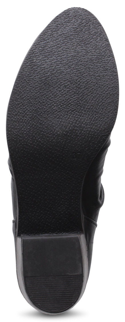 Bottom of a black boot with textured sole and heel.