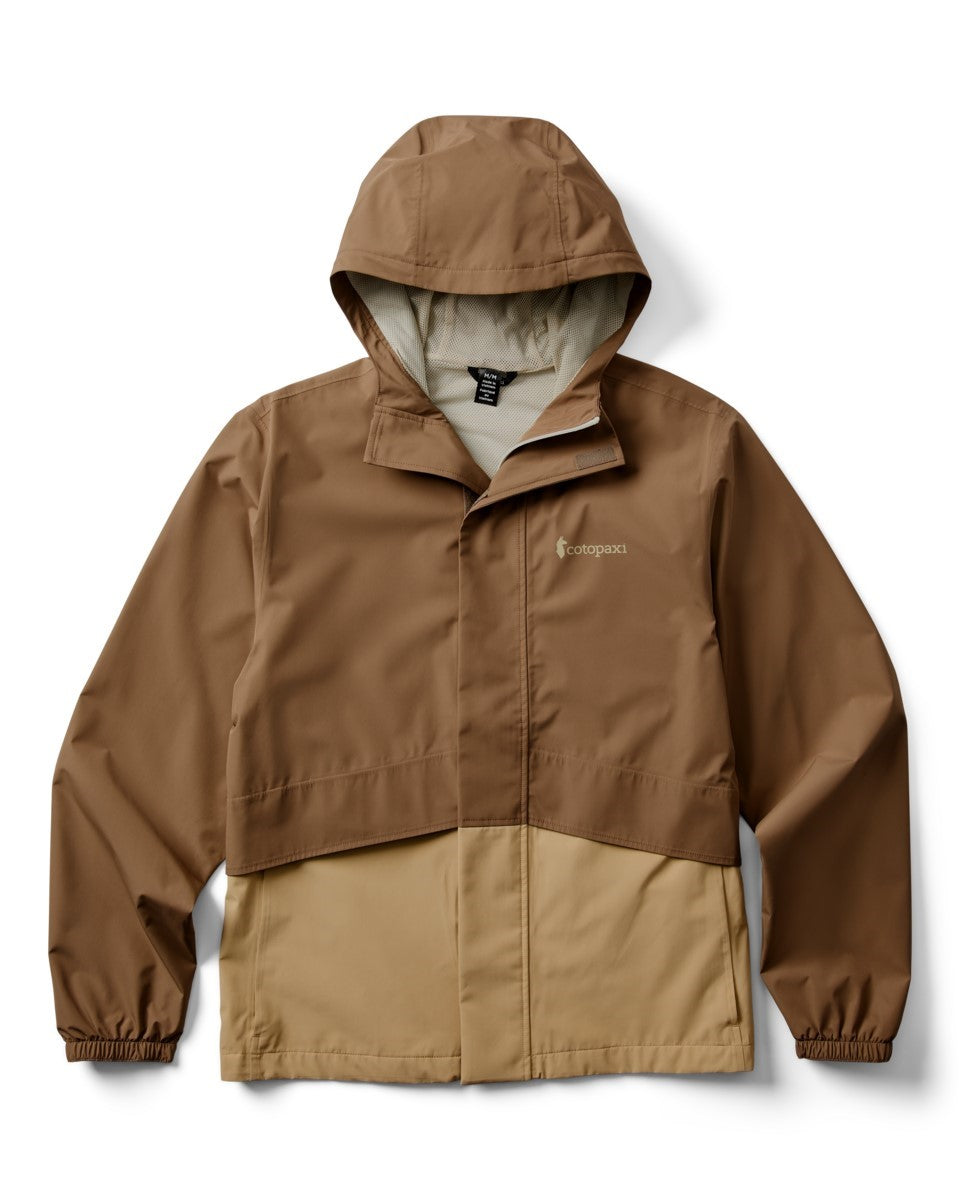 Two-tone brown rain jacket with hood.