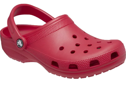 Red rubber clog shoe with holes and pivoting heel strap.