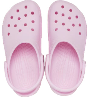 Pair of pink clogs seen from above.