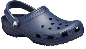 Navy blue rubber clog with heel strap and ventilation holes