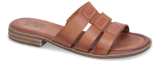 A light brown, leather slide sandal with three straps.