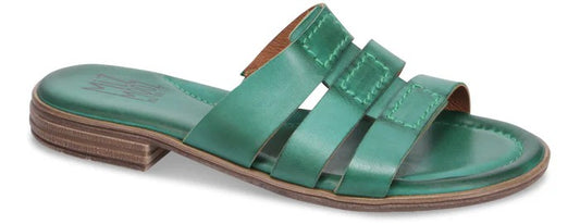 A green leather sandal with three straps.
