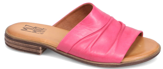 Pink leather sandal with low stacked heel.