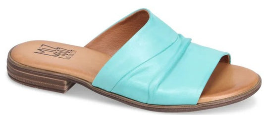 A light-blue leather sandal with a low heel.
