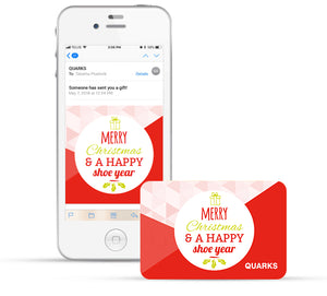 A smartphone displaying an email about a gift, accompanied by a gift card, both featuring the text "Merry Christmas & A Happy shoe year."