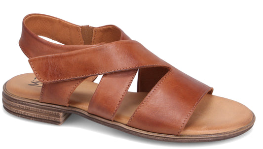 Brown leather sandal with crisscrossing straps and a low heel.
