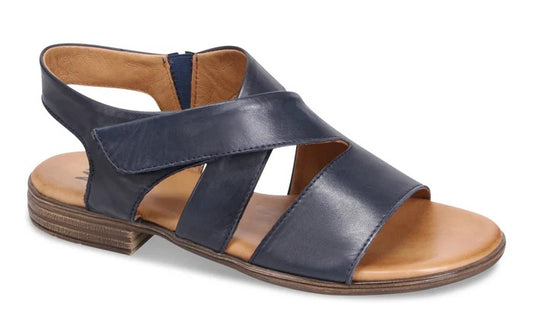 Navy-blue leather sandal with criss-cross straps and adjustable ankle strap.