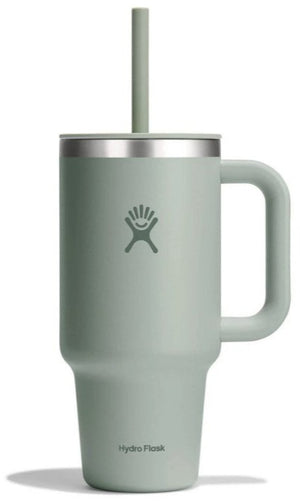 Tall, green water bottle with handle and straw, featuring a hand logo.