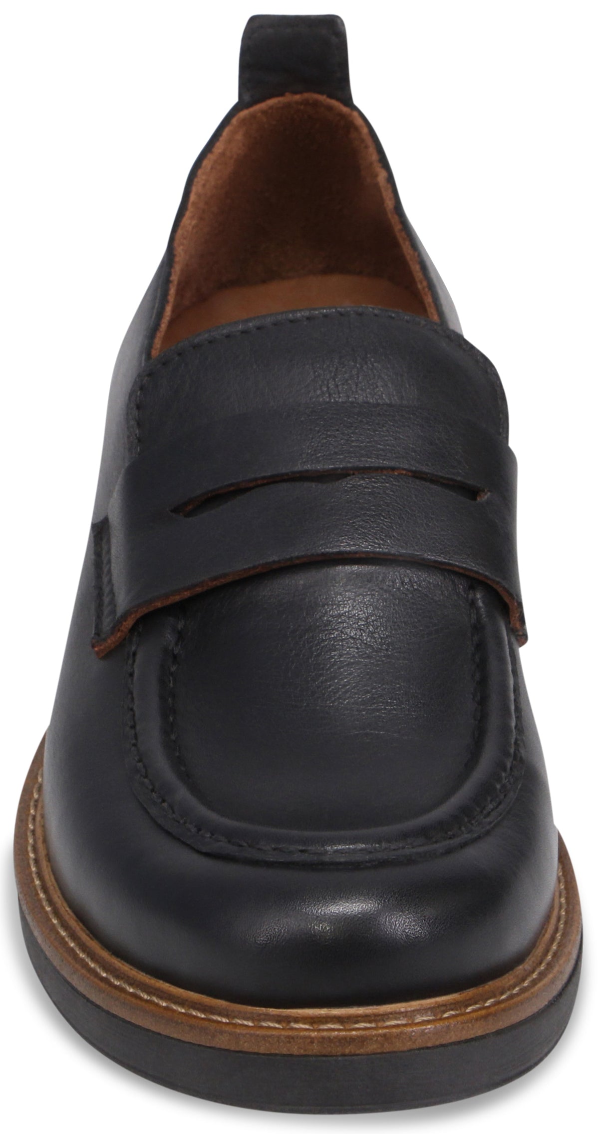 A black leather loafer shoe with a classic penny strap across the vamp and a visible brown welt detail above a dark thick sole.