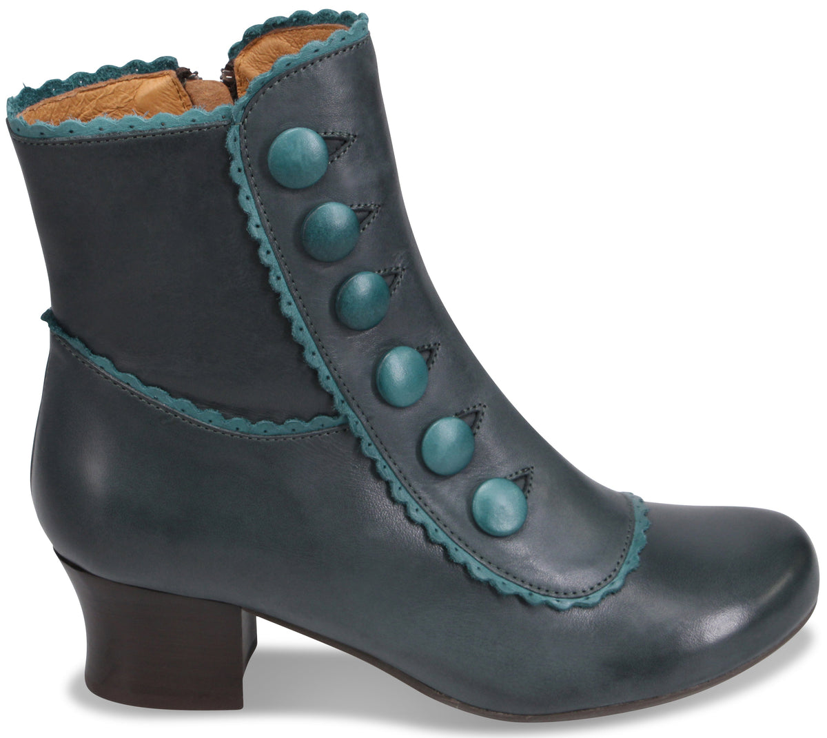 A dark teal leather ankle boot with a low block heel, featuring decorative teal scalloped trim along the seams and a row of six matching teal round buttons running vertically up the side.
