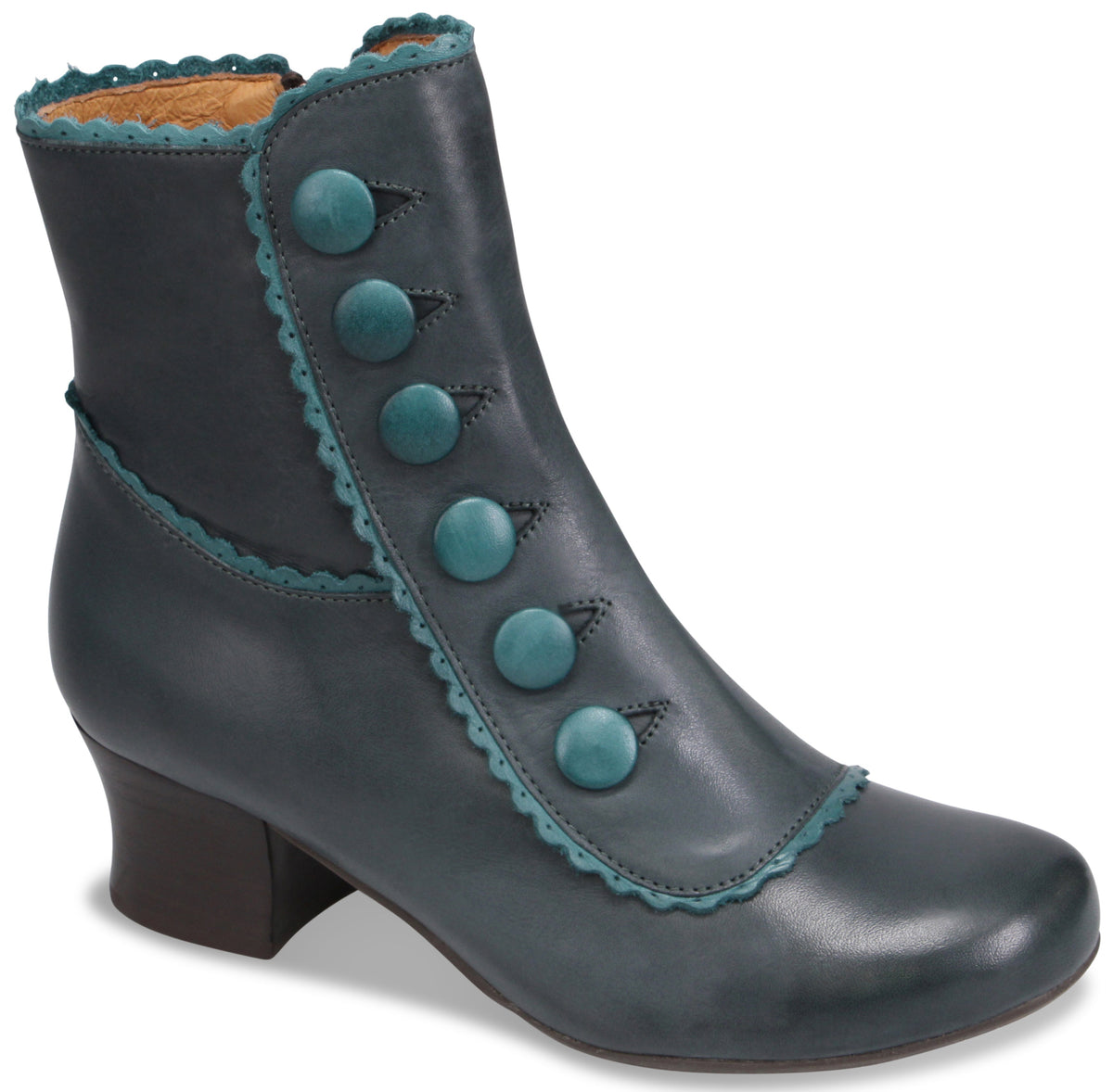 A vintage-style dark teal leather ankle boot with a rounded toe, a low stacked block heel, and a decorative row of six matching circular teal buttons along the side, accented by scalloped teal trim around the collar and side panel.