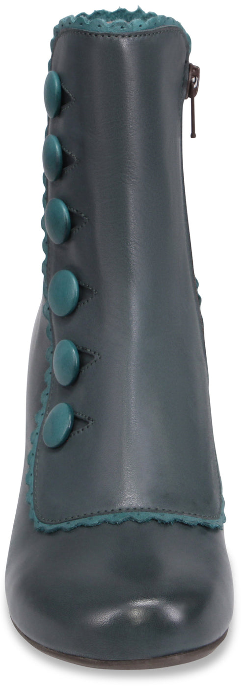 A dark green, calf-length, leather boot with a side zipper and a vertical row of matching green fabric-covered buttons along the outer edge, featuring decorative scalloped green trim.